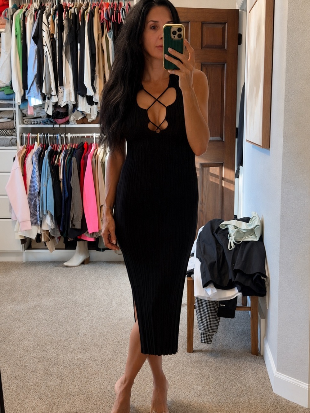 Black Ribbed Knit Midi Dress with Crisscross Front
